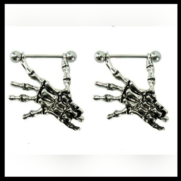 Jewelry - Nipple Shield Rings, Stainless Steel Skeleton Hand Dangling, Sold as a Pair